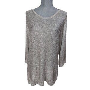 ECI NY Open Shoulder Pullover Sweater Womens XL Silver Sequin Keyhole Back Party